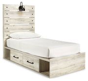 Cambeck Twin Panel Bed with 4 Storage Drawers with Mirrored Dresser and 2 Nightstands in Whitewash - PKG003014
