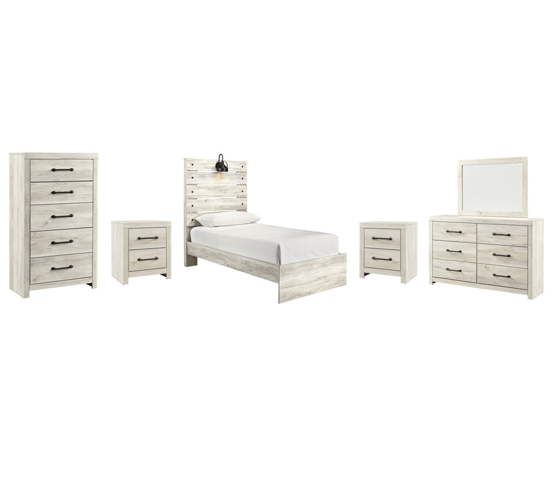 Cambeck Twin Panel Bed with Mirrored Dresser, Chest and 2 Nightstands in Whitewash - PKG003011
