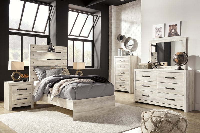 Cambeck Twin Panel Bed with Mirrored Dresser, Chest and Nightstand in Whitewash - PKG003010