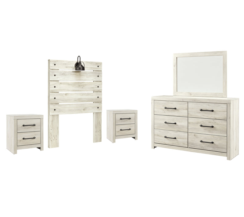Cambeck Twin Panel Headboard Bed with Mirrored Dresser and 2 Nightstands in Whitewash - PKG002952