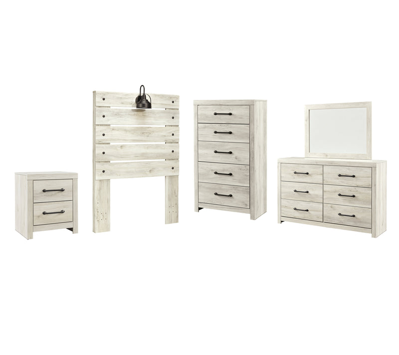 Cambeck Twin Panel Headboard Bed with Mirrored Dresser, Chest and Nightstand in Whitewash - PKG002955