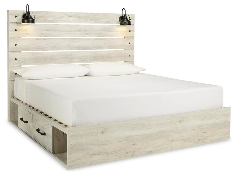 Cambeck Whitewash King Panel Bed with Storage and 2 Nightstands - B192B115