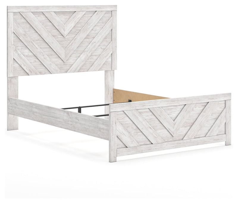Cayboni Full Panel Bed with Mirrored Dresser and Chest in Whitewash - PKG016594