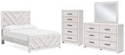 Cayboni Full Panel Bed with Mirrored Dresser and Chest in Whitewash - PKG016594