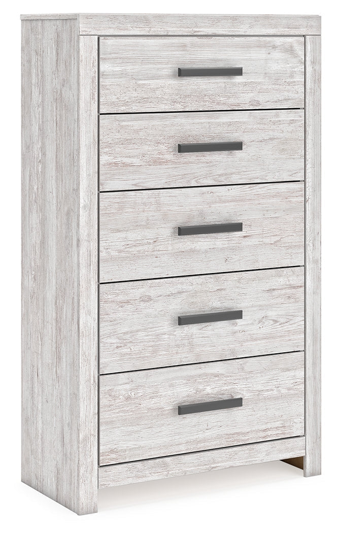 Cayboni Full Panel Bed with Mirrored Dresser and Chest in Whitewash - PKG016594