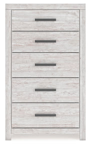 Cayboni Full Panel Bed with Mirrored Dresser, Chest and 2 Nightstands in Whitewash - PKG016592