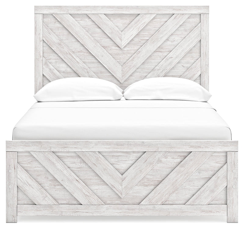 Cayboni Full Panel Bed with Mirrored Dresser, Chest and 2 Nightstands in Whitewash - PKG016592
