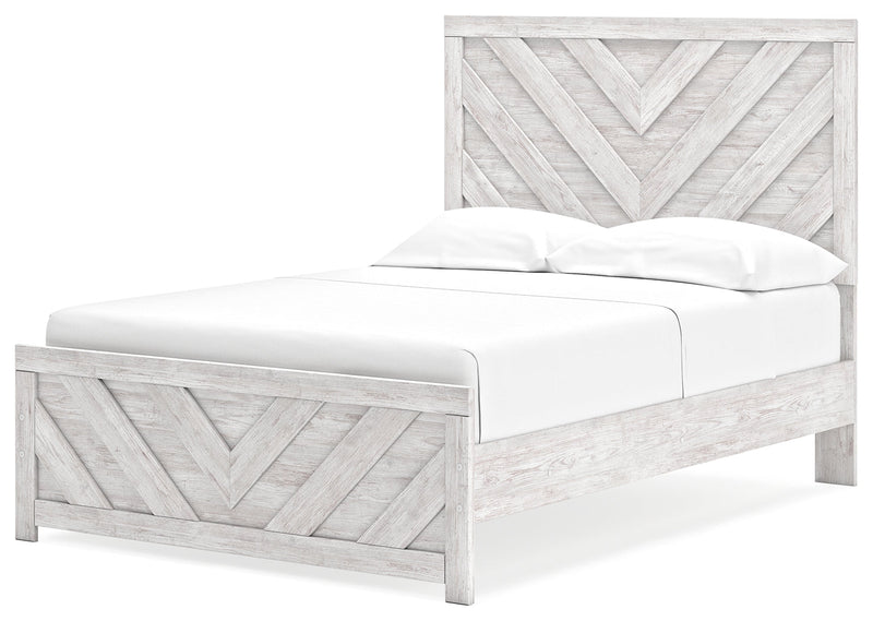 Cayboni Full Panel Bed with Mirrored Dresser, Chest and 2 Nightstands in Whitewash - PKG016592