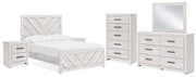 Cayboni Full Panel Bed with Mirrored Dresser, Chest and 2 Nightstands in Whitewash - PKG016592