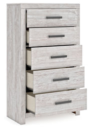 Cayboni Full Panel Bed with Mirrored Dresser, Chest and Nightstand in Whitewash - PKG016595