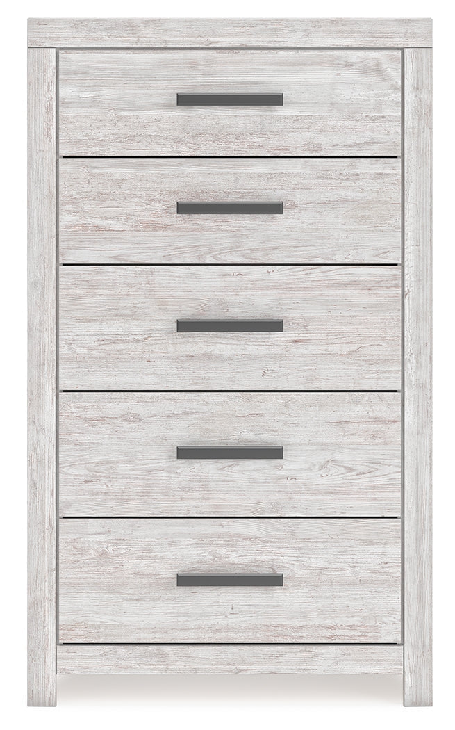 Cayboni King Panel Bed with Mirrored Dresser and Chest in Whitewash from Ashley - DMV Furniture