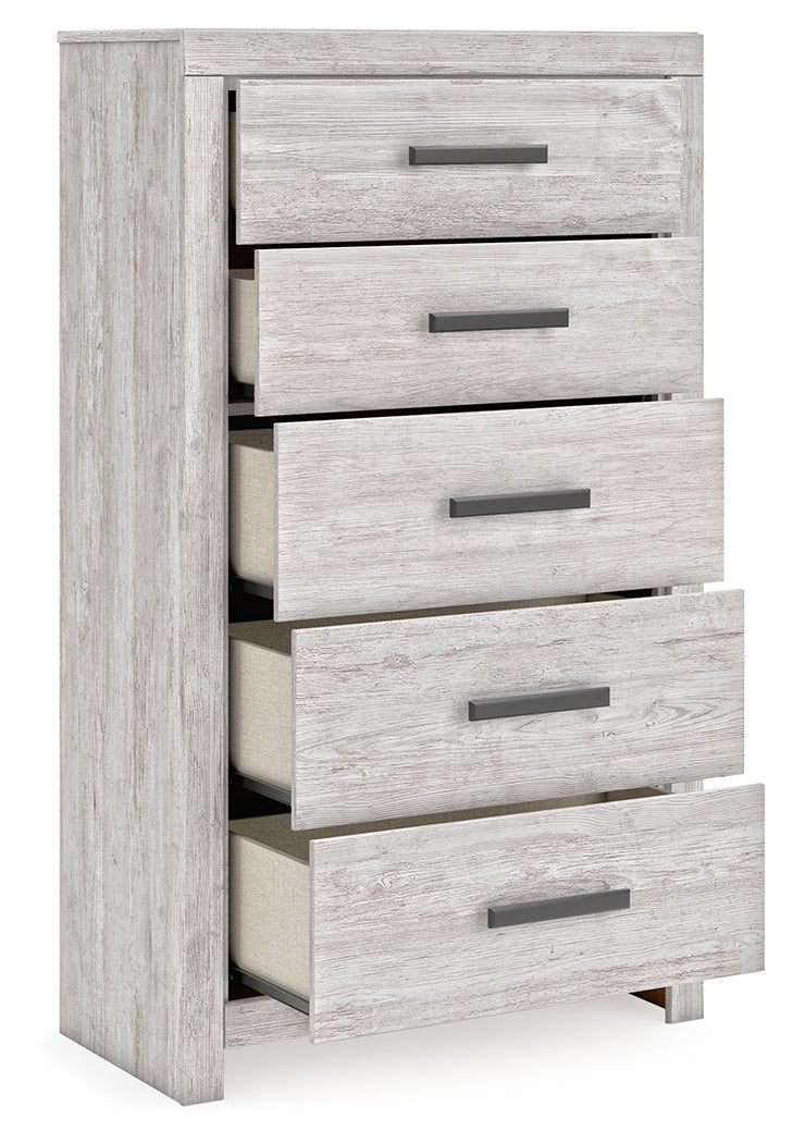 Cayboni King Panel Bed with Mirrored Dresser and Chest in Whitewash from Ashley - DMV Furniture