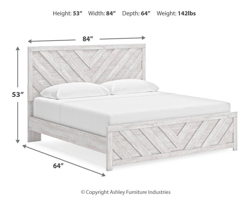 Cayboni King Panel Bed with Mirrored Dresser and Chest in Whitewash from Ashley - DMV Furniture