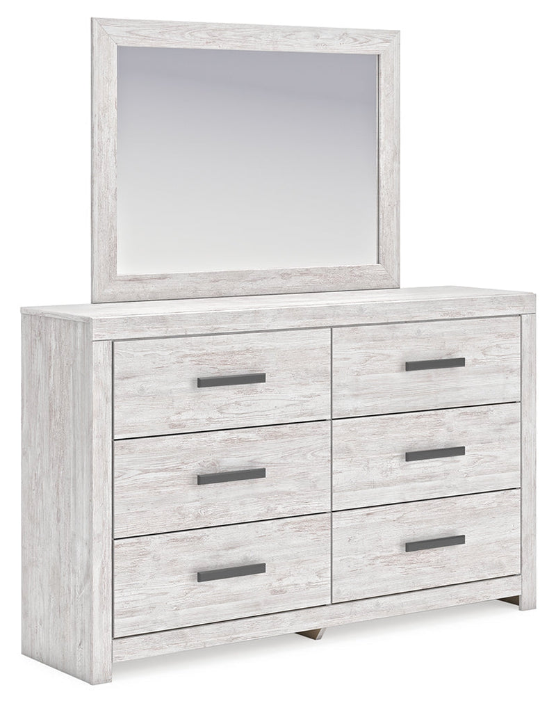 Cayboni King Panel Bed with Mirrored Dresser and Chest in Whitewash from Ashley - DMV Furniture