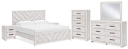 Cayboni King Panel Bed with Mirrored Dresser, Chest and 2 Nightstands in Whitewash - PKG019175