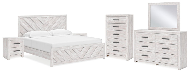 Cayboni King Panel Bed with Mirrored Dresser, Chest and 2 Nightstands in Whitewash - PKG019175