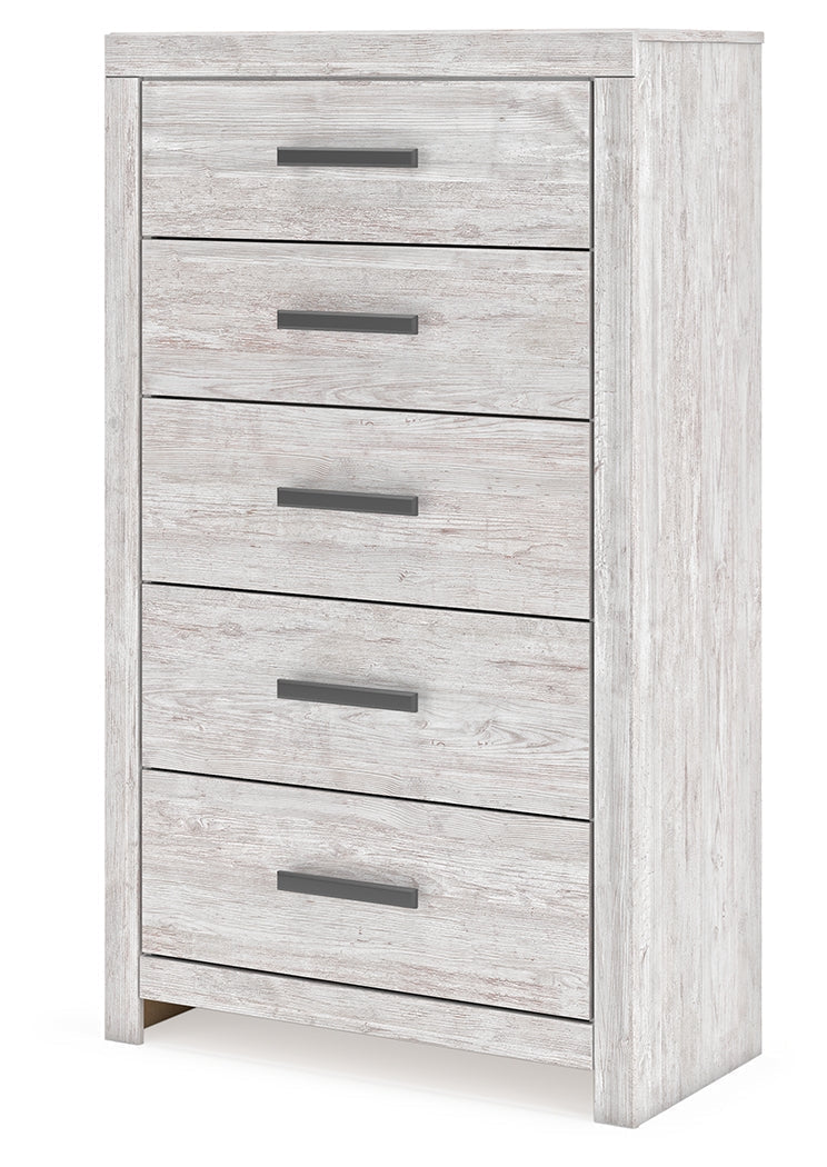 Cayboni King Panel Bed with Mirrored Dresser, Chest and Nightstand in Whitewash from Ashley - DMV Furniture