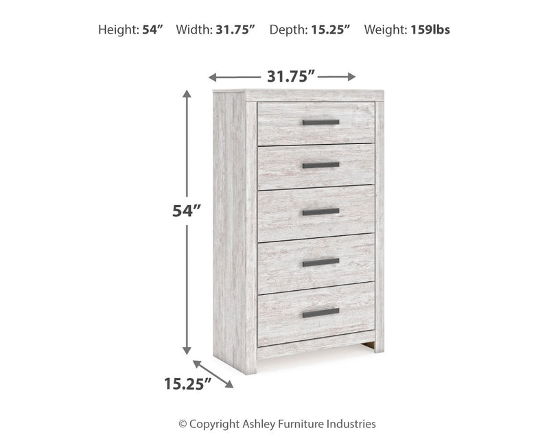 Cayboni King Panel Bed with Mirrored Dresser, Chest and Nightstand in Whitewash from Ashley - DMV Furniture
