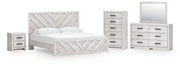 Cayboni King Panel Bed with Mirrored Dresser, Chest and Nightstand in Whitewash from Ashley - DMV Furniture