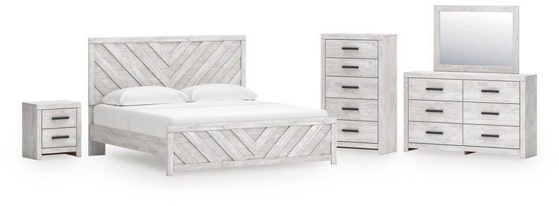 Cayboni King Panel Bed with Mirrored Dresser, Chest and Nightstand in Whitewash from Ashley - DMV Furniture