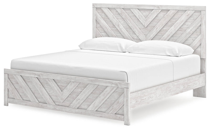 Cayboni King Panel Bed with Mirrored Dresser, Chest and Nightstand in Whitewash from Ashley - DMV Furniture
