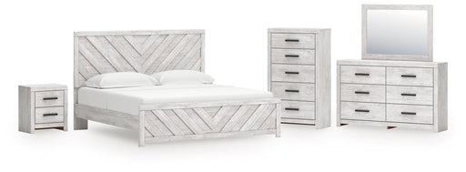 Cayboni King Panel Bed with Mirrored Dresser, Chest and Nightstand in Whitewash from Ashley - DMV Furniture