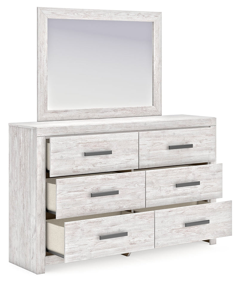 Cayboni King Panel Bed with Mirrored Dresser, Chest and Nightstand in Whitewash from Ashley - DMV Furniture