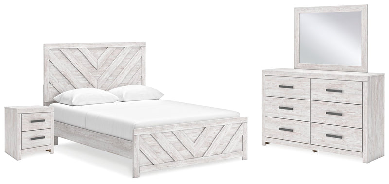 Cayboni Queen Panel Bed with Mirrored Dresser and Nightstand in Whitewash - PKG016694