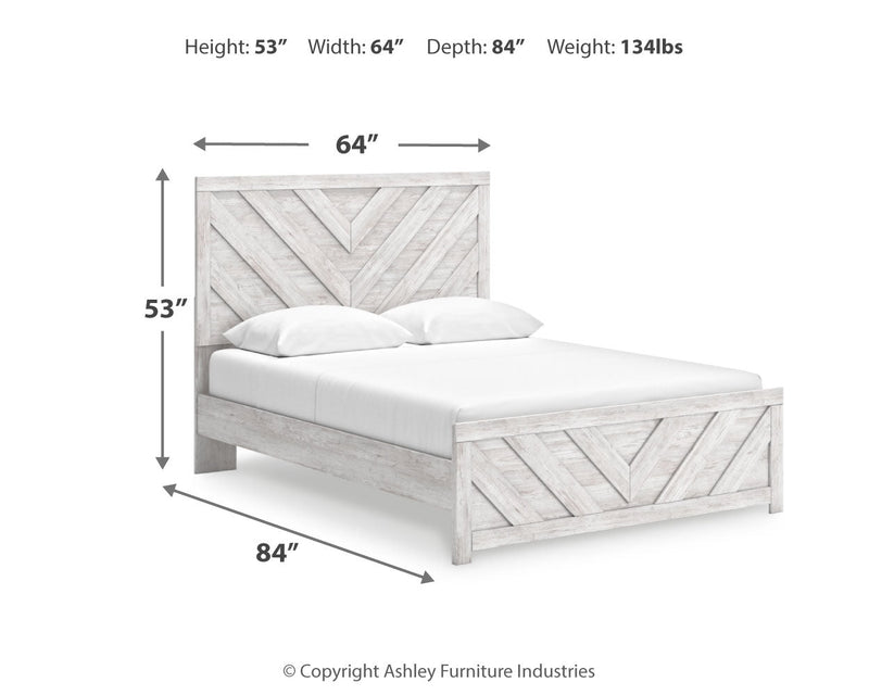 Cayboni Queen Panel Bed with Mirrored Dresser and Nightstand in Whitewash - PKG016694