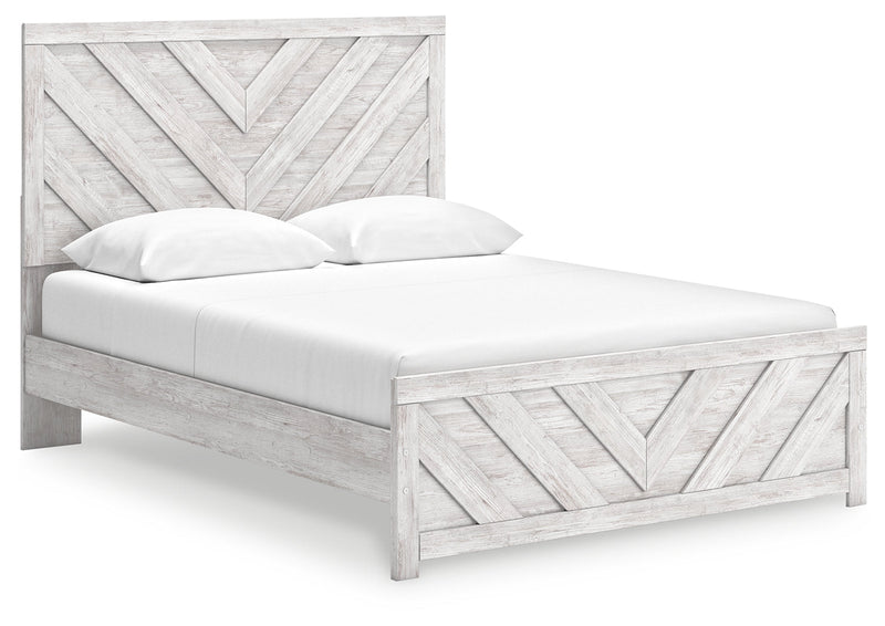 Cayboni Queen Panel Bed with Mirrored Dresser and Nightstand in Whitewash - PKG016694