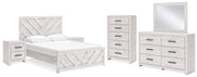 Cayboni Queen Panel Bed with Mirrored Dresser, Chest and 2 Nightstands in Whitewash - PKG016693