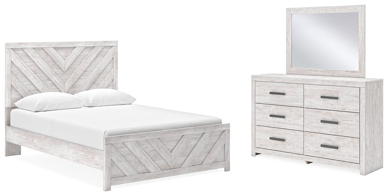 Cayboni Queen Panel Bed with Mirrored Dresser in Whitewash - PKG016689