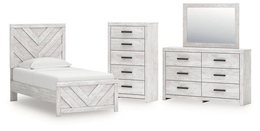 Cayboni Twin Panel Bed with Mirrored Dresser and Chest in Whitewash from Ashley - DMV Furniture