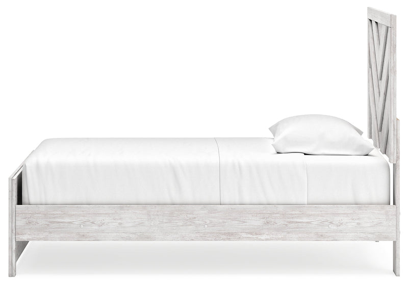 Cayboni Twin Panel Bed with Mirrored Dresser and Nightstand in Whitewash - PKG019167