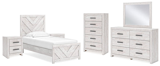 Cayboni Twin Panel Bed with Mirrored Dresser, Chest and 2 Nightstands in Whitewash - PKG019166