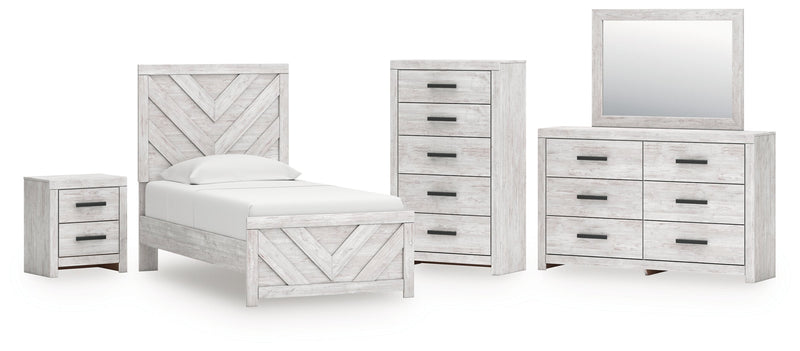 Cayboni Twin Panel Bed with Mirrored Dresser, Chest and Nightstand in Whitewash from Ashley - DMV Furniture