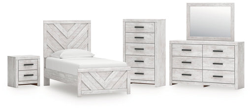 Cayboni Twin Panel Bed with Mirrored Dresser, Chest and Nightstand in Whitewash from Ashley - DMV Furniture