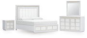 Chalanna California King Upholstered Storage Bed, Dresser and Mirror in White - PKG021894