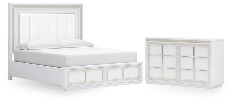 Chalanna California King Upholstered Storage Bed with Dresser in White from Ashley - DMV Furniture