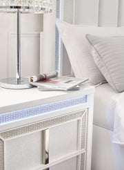 Chalanna California King Upholstered Storage Bed with Mirrored Dresser and 2 Nightstands in White from Ashley - DMV Furniture