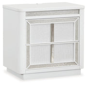 Chalanna California King Upholstered Storage Bed with Mirrored Dresser and 2 Nightstands in White from Ashley - DMV Furniture