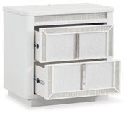 Chalanna California King Upholstered Storage Bed with Mirrored Dresser and 2 Nightstands in White from Ashley - DMV Furniture