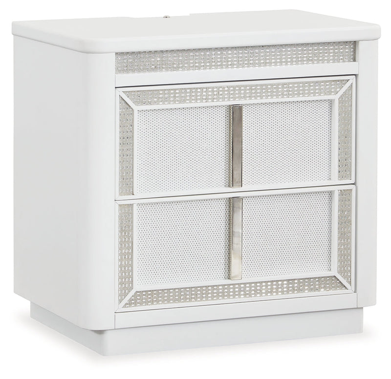 Chalanna California King Upholstered Storage Bed with Mirrored Dresser, Chest and 2 Nightstands in White from Ashley - DMV Furniture
