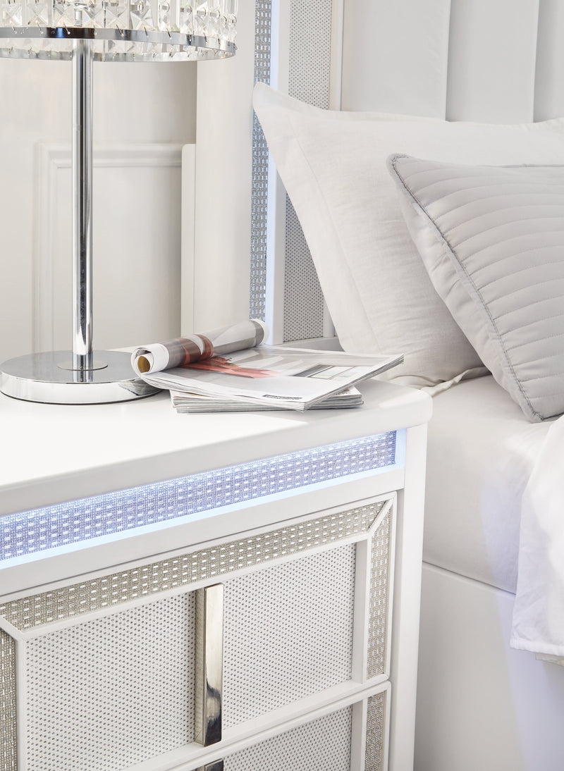 Chalanna California King Upholstered Storage Bed with Mirrored Dresser, Chest and Nightstand in White from Ashley - DMV Furniture