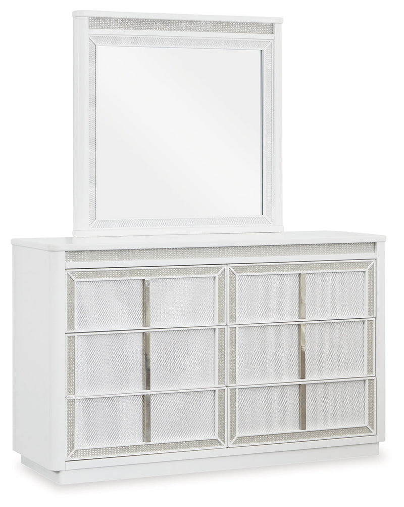 Chalanna California King Upholstered Storage Bed with Mirrored Dresser, Chest and Nightstand in White from Ashley - DMV Furniture
