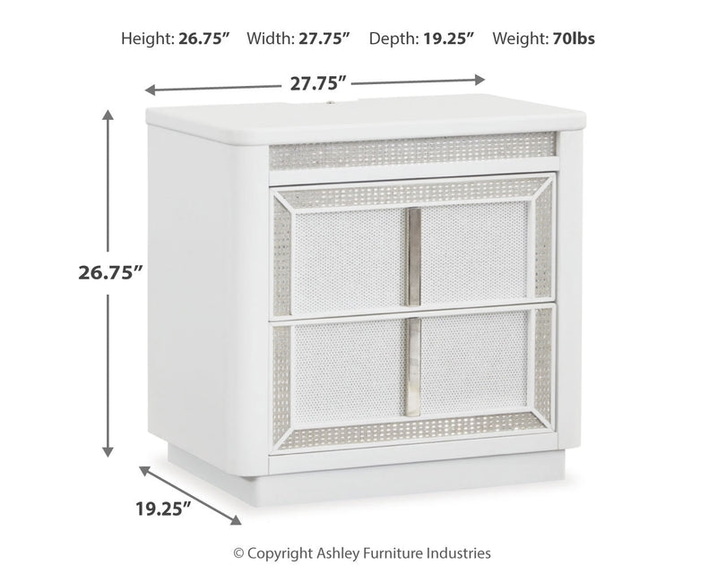 Chalanna King Upholstered Storage Bed with Mirrored Dresser and 2 Nightstands in White from Ashley - DMV Furniture