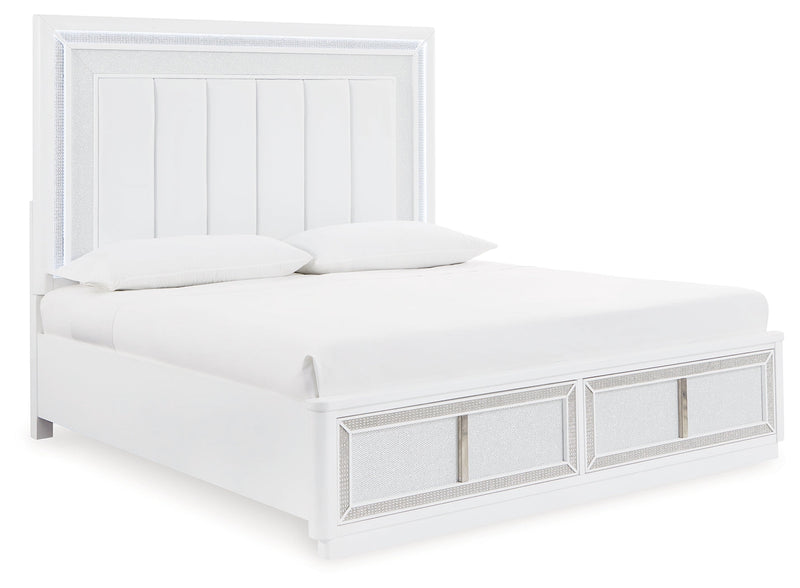 Chalanna King Upholstered Storage Bed with Mirrored Dresser and Chest in White from Ashley - DMV Furniture