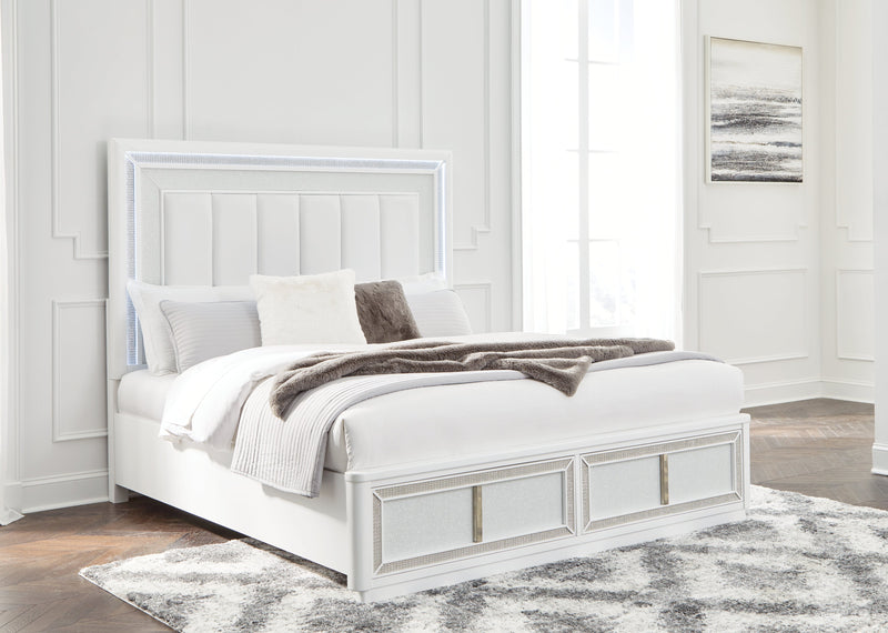 Chalanna King Upholstered Storage Bed with Mirrored Dresser and Chest in White from Ashley - DMV Furniture