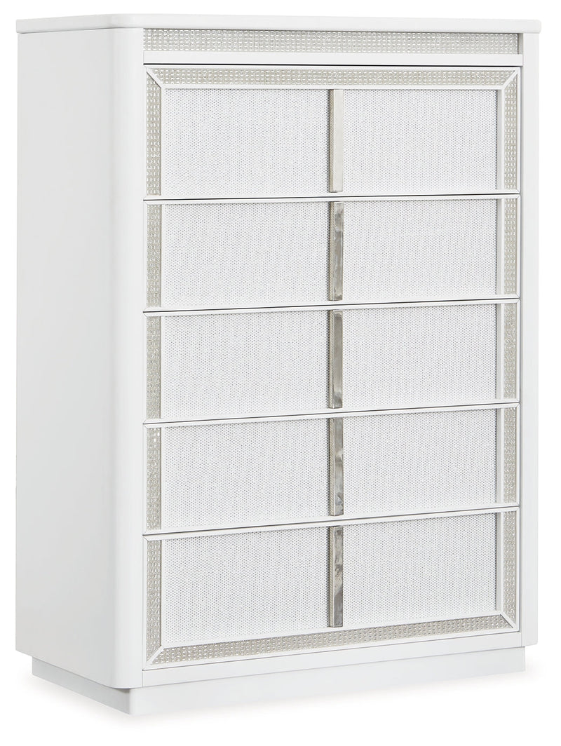 Chalanna King Upholstered Storage Bed with Mirrored Dresser and Chest in White from Ashley - DMV Furniture