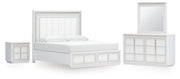 Chalanna King Upholstered Storage Bed with Mirrored Dresser and Nightstand in White from Ashley - DMV Furniture